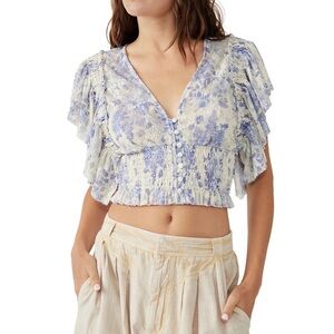 Free People Sugar Ruffle Sleeve Crop Top in Porclein